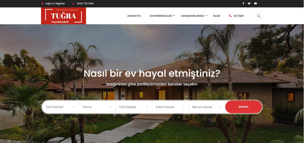 Tuğra Gayrimenkul — emlak web sitesi ana sayfa görünümü